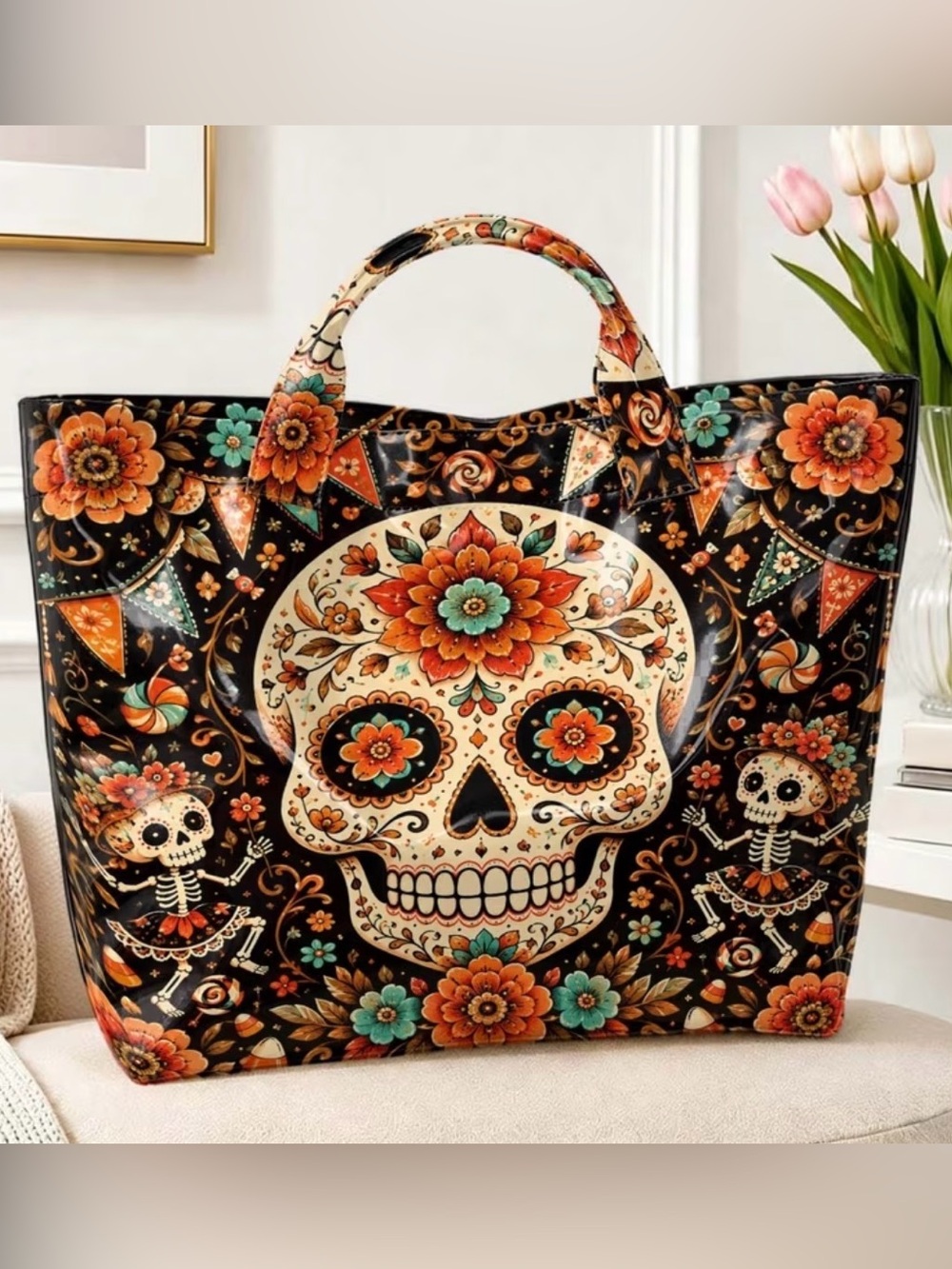 Day of the Dead Floral Skull Tote Bag